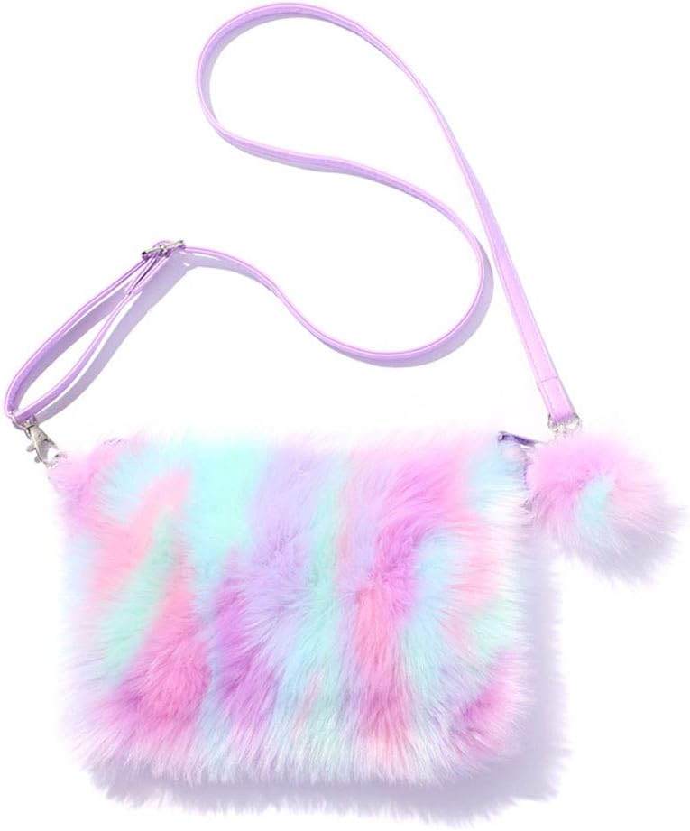 Women Girls Kids Fluffy Fuzzy Bag Plush Tie Dye Rainbow Crossbody Purse Wallet